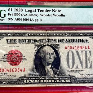 Very Fine Graded 1928 Red Seal Funnyback Dollar.  Woods/Woodin ppB  25VF